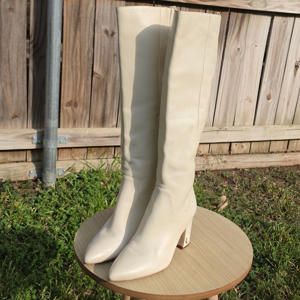 Sam Edelman Sylvia Ivory Leather Pointed Toe Block Heel Knee High Boots